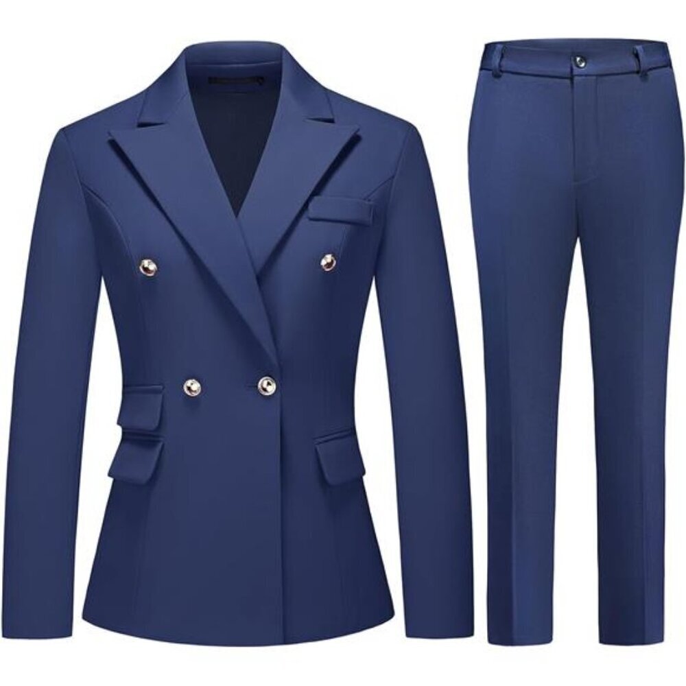 Navy Blazer Suit Set Women's Double-Breasted Dressy